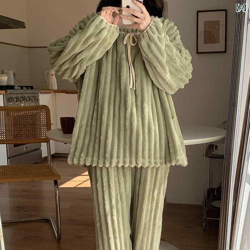 ルームウェア レディース パジャマ 部屋着 ガーリー 秋冬 長袖 レース 暖かい グリーン ホワイト ブルー