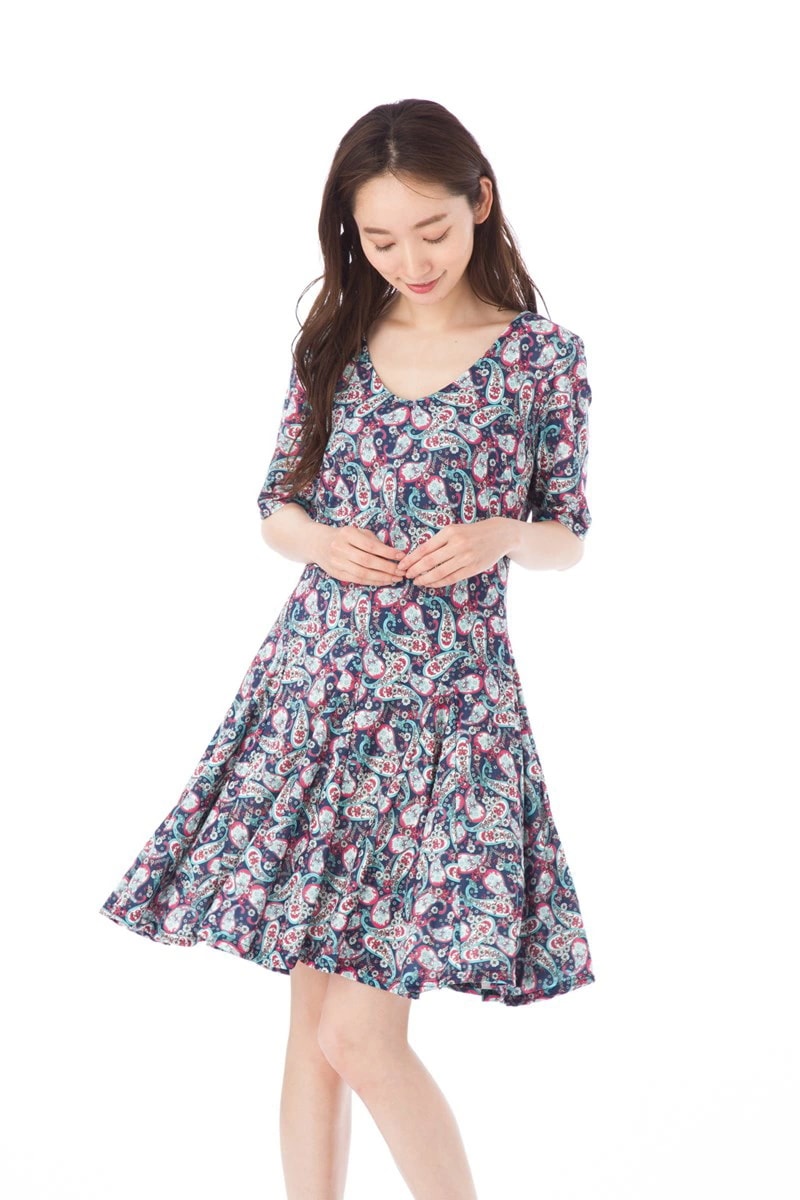 ファス(FAS)ワンピース T2 T3サイズ 半袖 Vネック 膝丈 ワンピース 上品 大きいサイズ 大人ワンピース レディース　Fille A Suivre