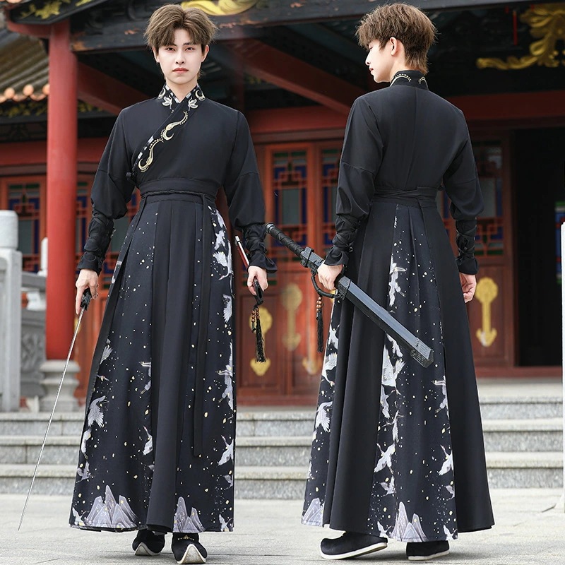 メンズ チャイナ服 漢服 中華服上下セットアップ 男性 大人 チャイナドレス 中華衣装 長袖 スカート 華流コスチューム 舞台 ステージ衣装 鶴 柄 プリント 中国古代時代劇 仮装 変装 おしゃれ イ