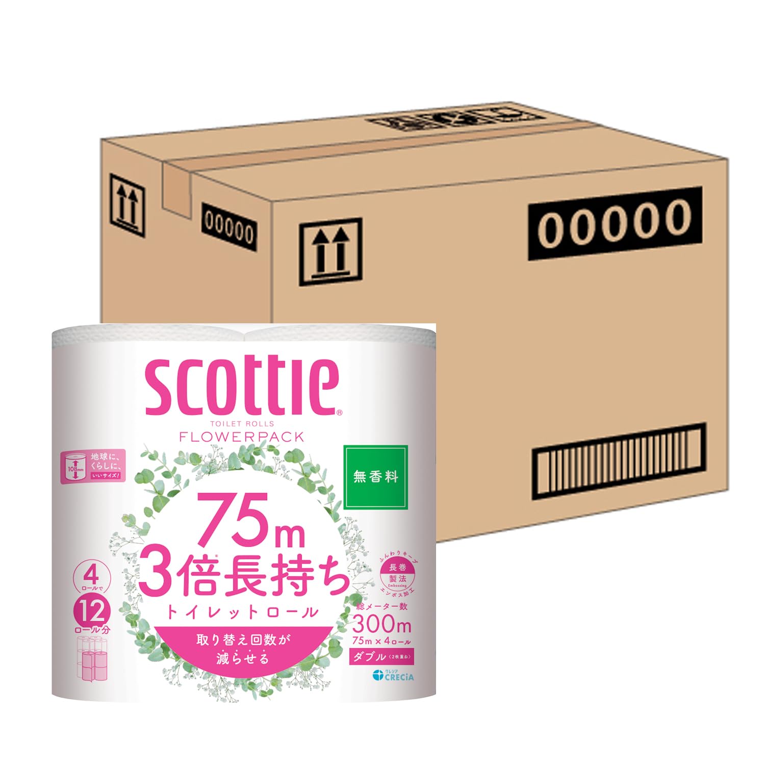 Scottie スコッティ 【ケース販売】 フラワーパック 3倍長持ち トイレット4ロール 75mダブル 無香料 ×12パック入り