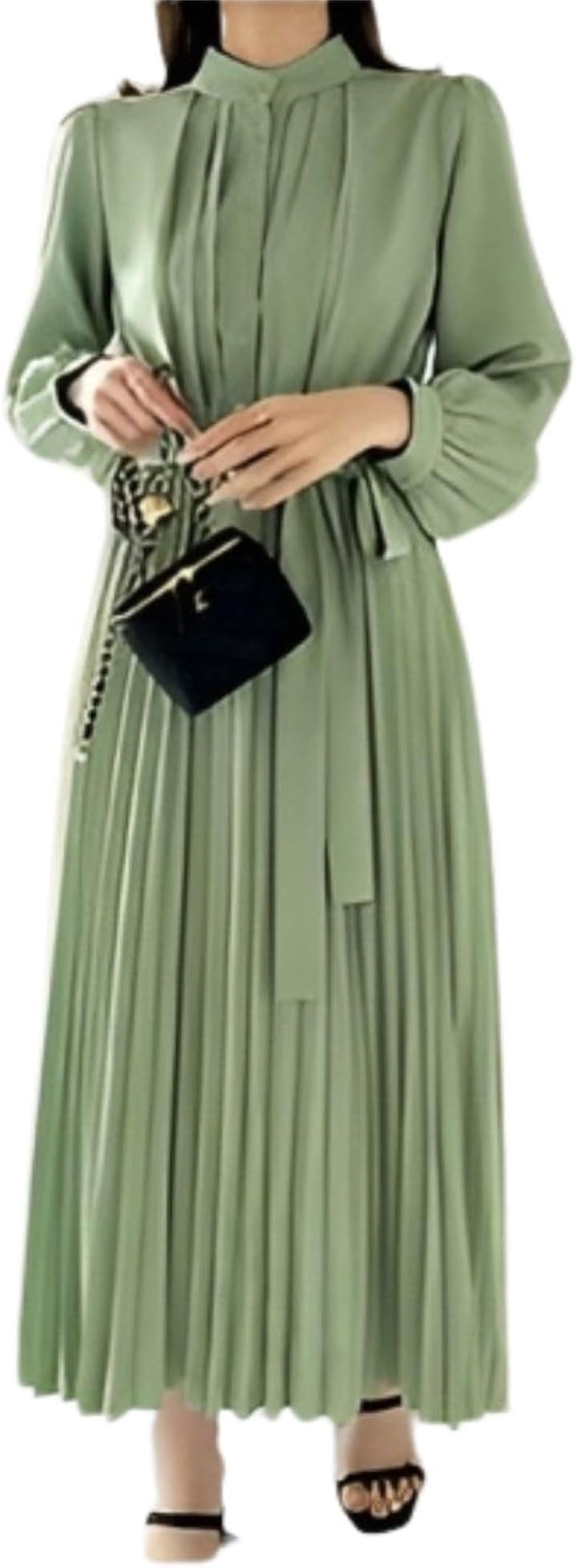 上品 プリーツ ロング ワンピース レディース 長袖 きれいめ ハイウエスト ドレス ロングワンピ フォーマル セミフォーマル リボン ロング丈 大きいサイズ(グリーン, L)