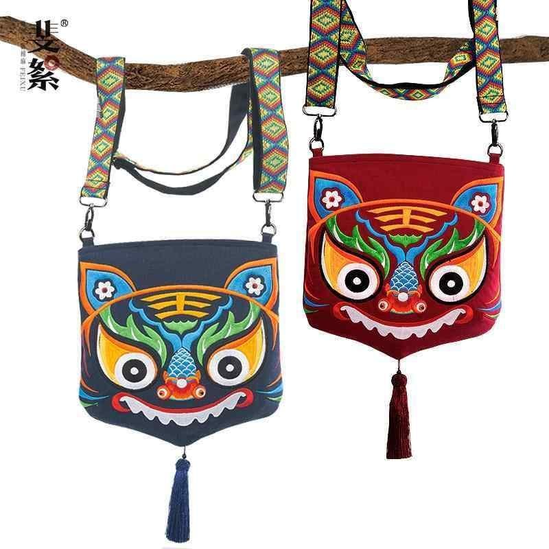 ハンドバッグ レディース チャイナ風 ショルダー ポシェット 斜め掛け おしゃれ ファスナー ポケット コットン 貔貅 神獣 刺繍 タッセル 手提げ