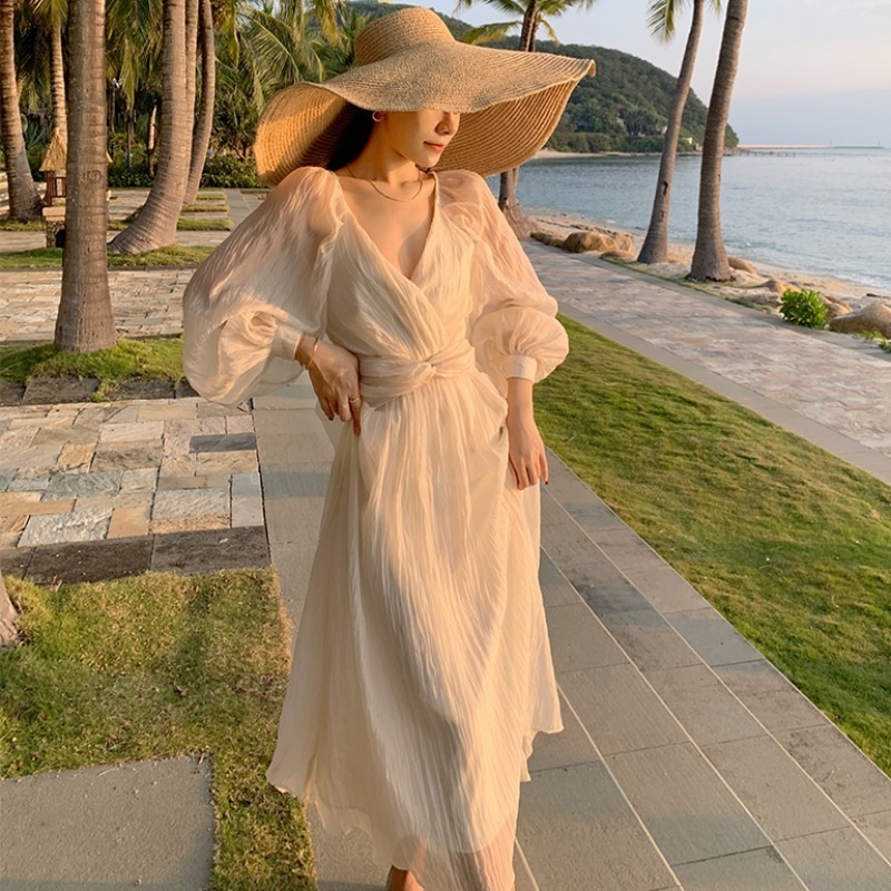 ワンピース ミモレ ミモレ丈 ロング ロング丈 袖あり 長袖 ボリューム袖 Vネック シフォン ウエストマーク 透け感 シースルー かわいい 大人可愛い きれいめ シンプル 大人 上品 おしゃれ