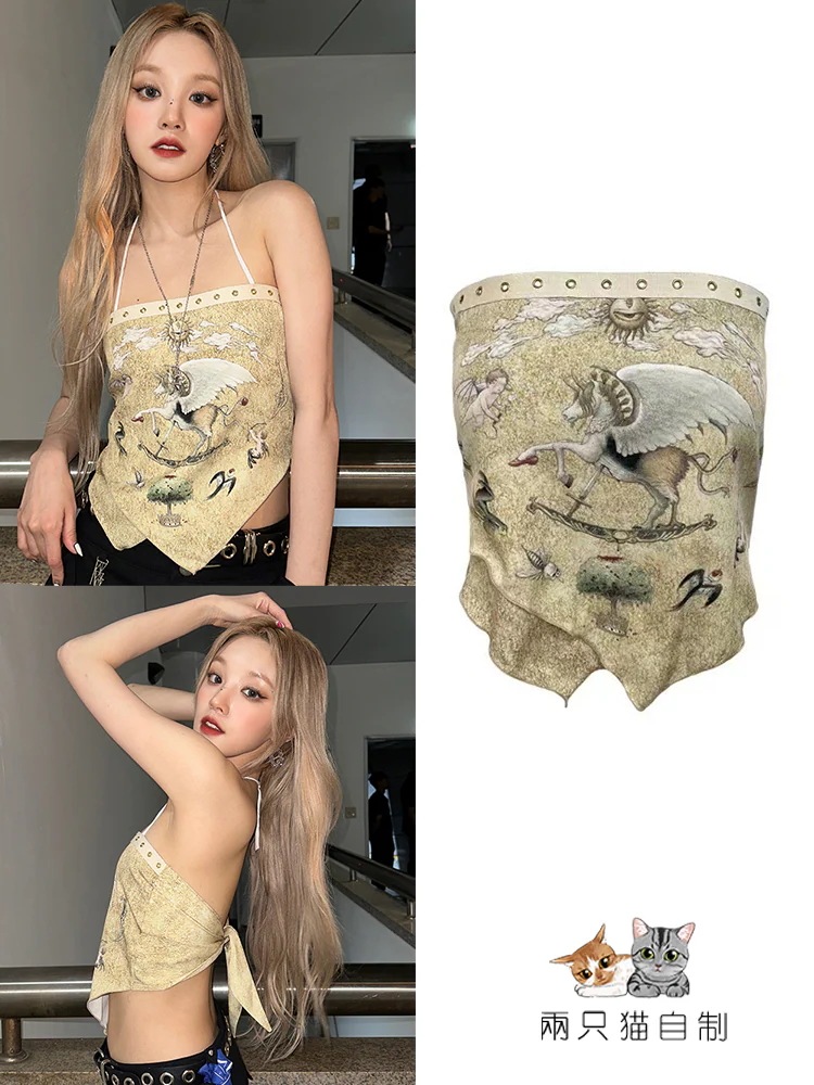 Gidle Song Yuqi と同じプリントのノースリーブ チューブトップ サスペンダー トップリベット付きショートスリム