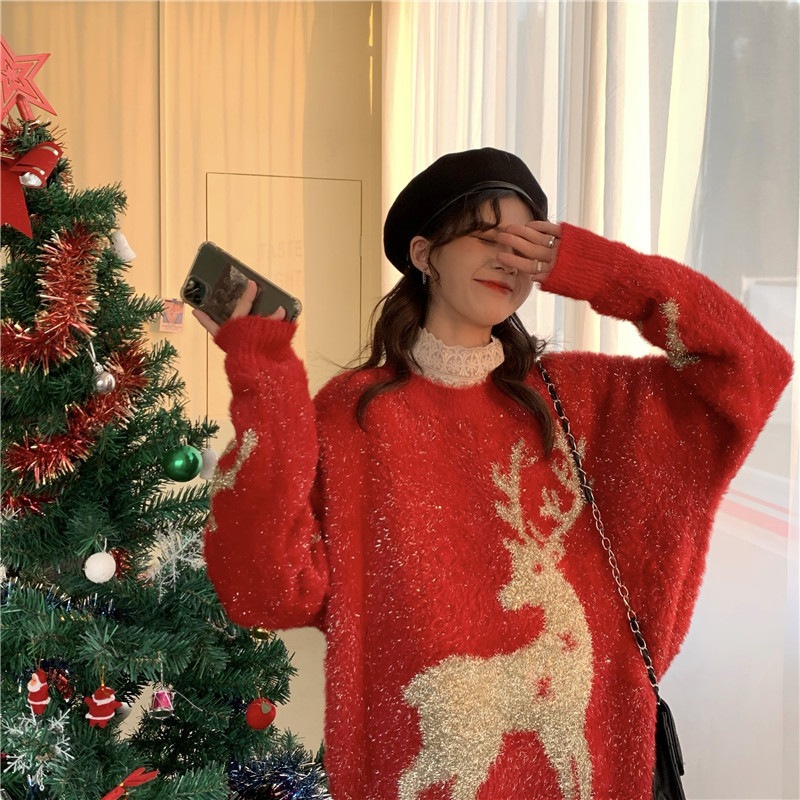 クリスマスヘラジカの形のスパンコールデザインルースモヘア肥厚女性の秋と冬のトップ女性のトレンディ