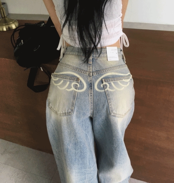 [刺繍point] ユニーク ヒップ エンジェル ウィング 刺繍 デニム ワイドパンツ