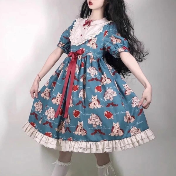 ロリータワンピース 猫柄 レディース 半袖 可愛い お姫様 ふんわり 女の子 日系女子中高生 ハロウィン衣装 ハロウィン 仮装 コスチューム 女性用 フリル 蝶結び 文化祭 学園祭 大人用 イベント