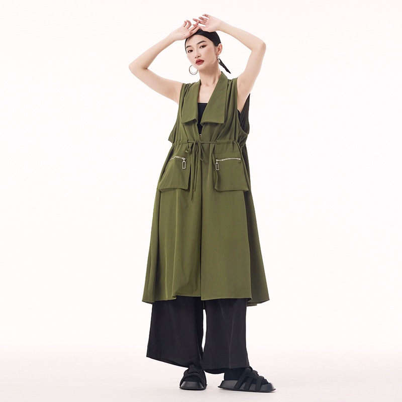 【J.Fashion】 ロングベスト ストラップ 大きいポケット おしゃれ レディース アウター 関連商品購入可能 メガ割