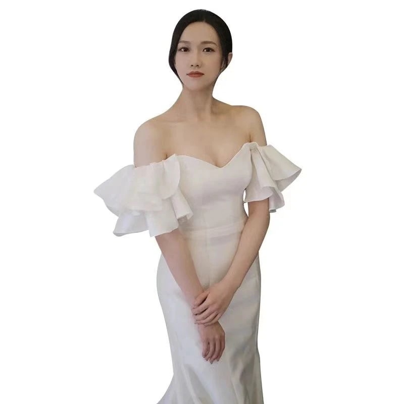 パーティードレス レス 初春入荷 エレガント 高級感 成人式 結婚式 誕生日 正式な場合 演奏会 花嫁 司会パーティー 韓国ファッション 一字肩側開深い Vネック ワンピースロングワンピース