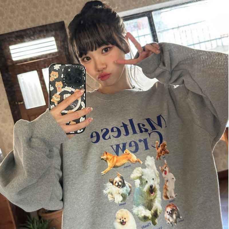 [ルセラフィム Kim Chaewon 着用] 男女共用 マルチーズ クルー マンツーマンTシャツ グレー
