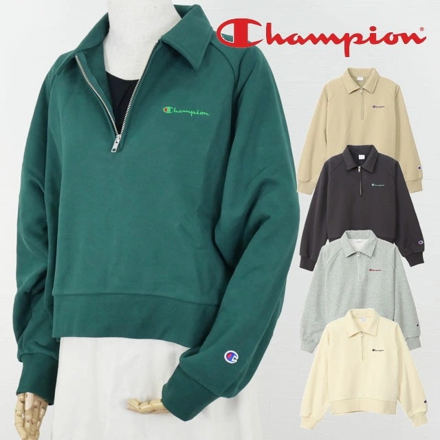 チャンピオン レディース ハーフジップスウェットシャツ 長袖 トレーナー アメカジ トップス アパレル ラグランスリーブ カジュアル リラックスフィット 服 CW-A009 オフホワイト オフブラック