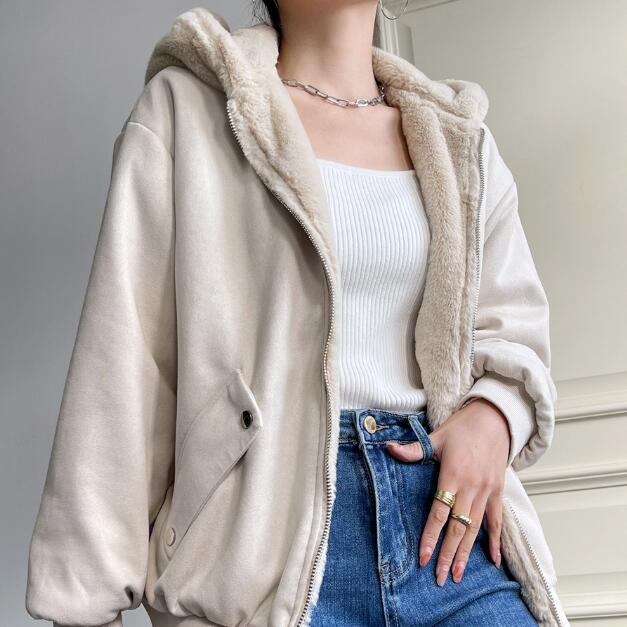 両面着用 毛皮アウター レディース 無地 長袖 フード パーカー コート ふわふわ 暖かいアウターコート