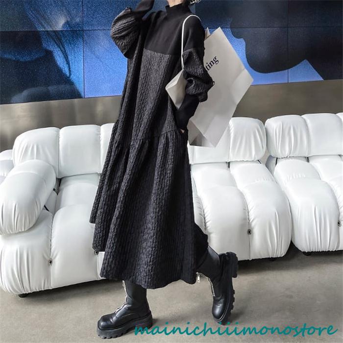 ワンピース レディース 40代 春秋 冬 長袖 ロングワンピース 大きいサイズ シンプル 着痩せ 体型カバー ハイネック 着痩せ カジュアル お洒落 通勤