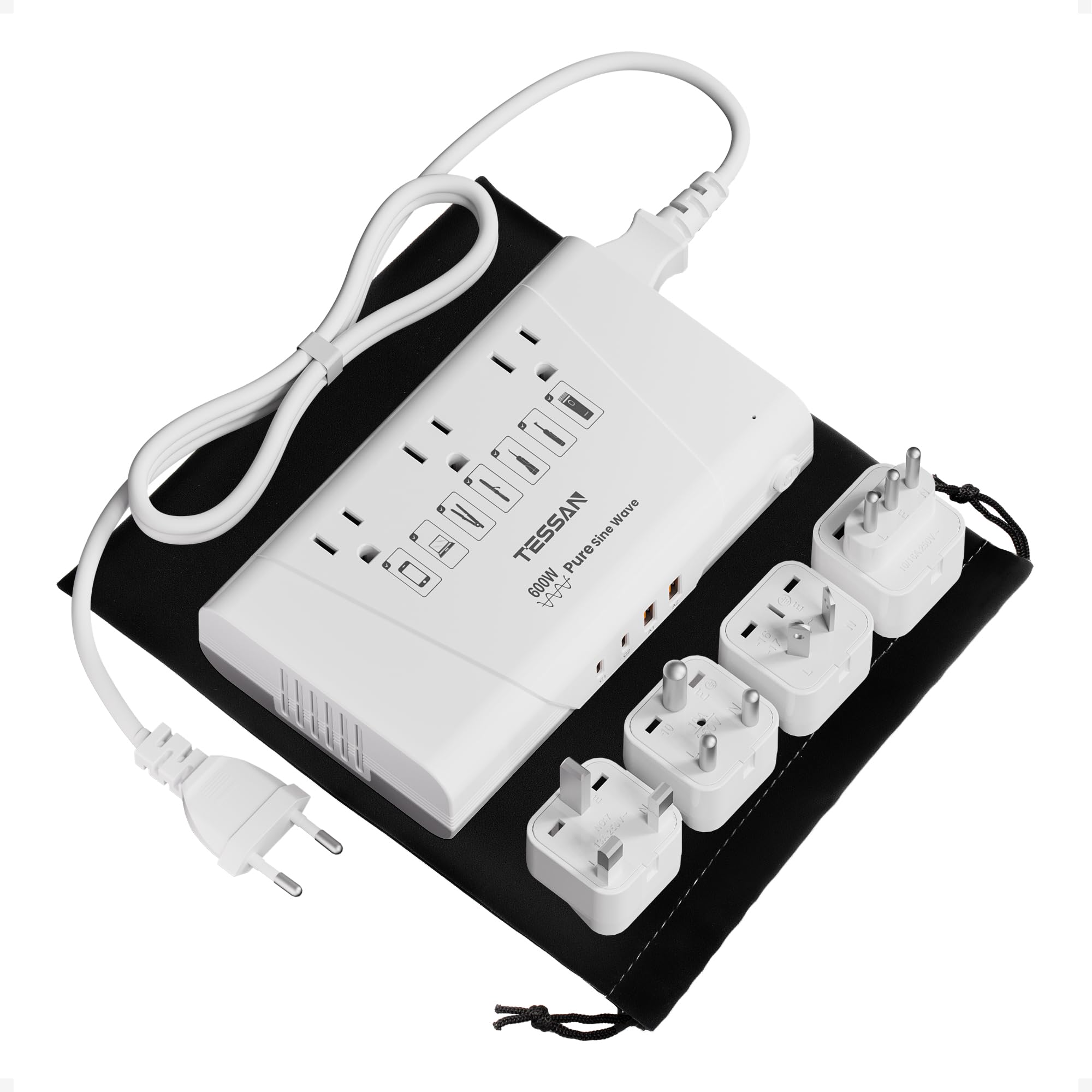 TESSAN 600W純正弦波変圧器 海外旅行用 220Vから100V 変圧器付き変換プラグ BF/O/L/B3/Cタイプ 1.2M延長コード付 PD35W QC30W急速充電 イギリス オーストラリ