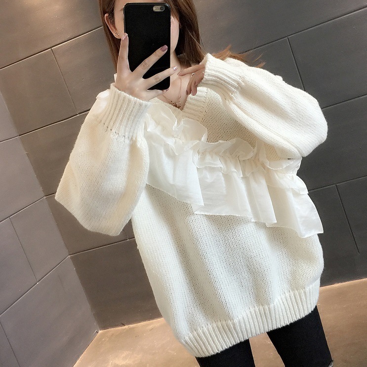 トップス レディース ニット セーター S M L XL 韓国 白トップス ショート丈 袖あり 長袖 Vネック フリル かわいい 大人可愛い きれいめ シンプル カジュアル 大人 おしゃれ お洒落