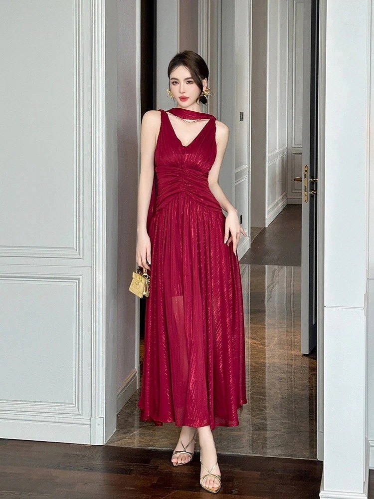 2025夏新品 Vネック シフォンワンピース プリーツ ロング ドレス パーティー キャバ 大人 同窓会 披露宴 卒業式 結婚式 演奏会 ウェディング 二次会 メガ割30%までに制限