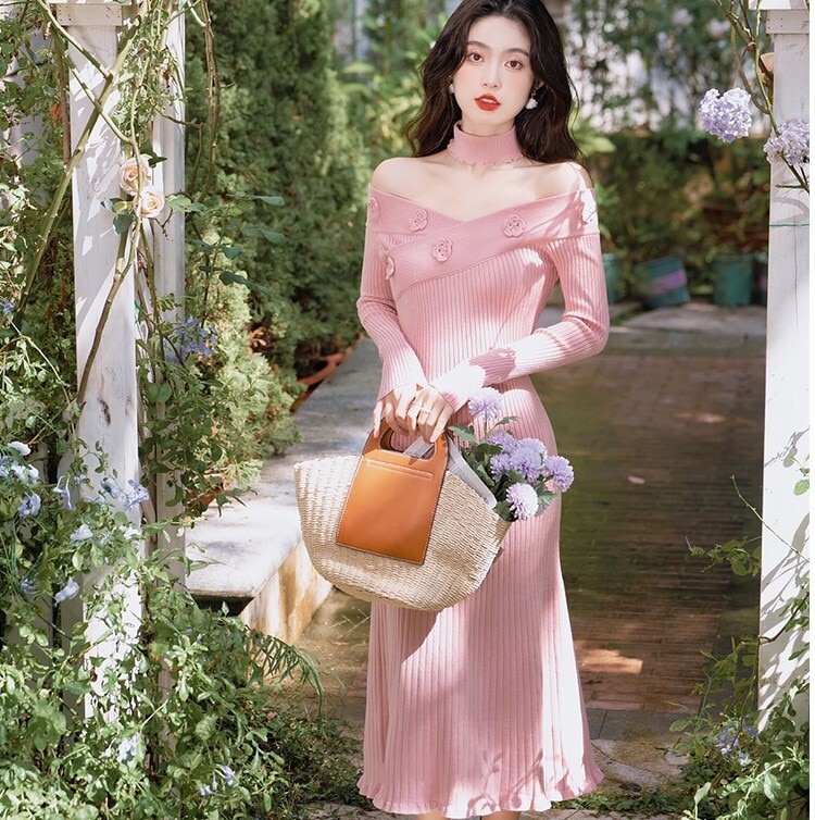 ワンピース ニットワンピ ニットワンピース ワンピドレス ミモレ丈 ロング丈 長袖 オフショルダー オフショル Aライン マーメイド リブ リブニット ポリエステル ネック ネック部分 付属品