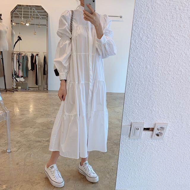 ワンピース レディース シャツ ブラウス ロング 個性的 長袖 襟付き 前開き ティアード ミモレ丈30%までに制限
