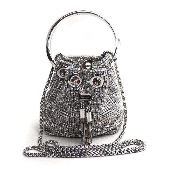 JIMMY CHOO ジミーチュウ マイクロボンボン ミニバケット 2Wayショルダーバッグ シルバー レディース 中古 美品