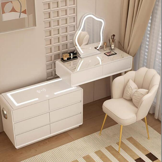 クリーム風ドレッサーテーブル　鏡台ベッドルームモダンシンプル岩板化粧台キャビネット一体　スマートテーブル＋キャビネット一体