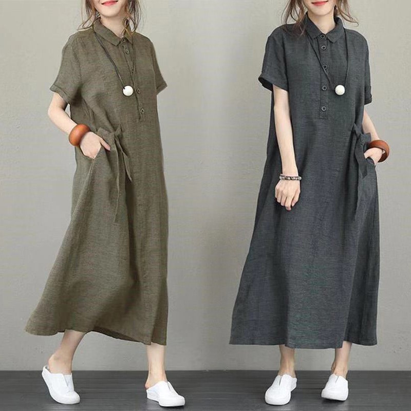 ワンピース シャツワンピース ロング ロング丈 マキシ マキシ丈 袖あり 半袖 クルーネック 襟付き スタンダードカラー ワイド リボン ポケット 麻 リネン かわいい 大人可愛い きれいめ