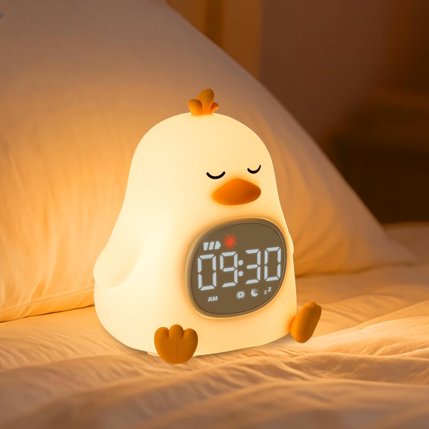 ねむいアヒル 目覚まし時計 ナイトライト シリコン製充電式安全 睡眠トレーニング光 優しい起床ライト スヌーズ＆音付き 赤ちゃん幼児子供男女ベッドルーム用