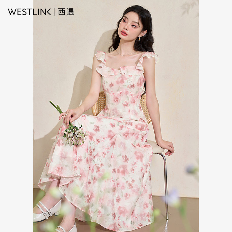 パステルピンク ジャカードシフォン ロマンティックフリルワンピース 2024夏 レトロエレガント シェイプアップウエスト ワンピース ワンピース レディース ロングワンピース ワンピース 夏 パーティ