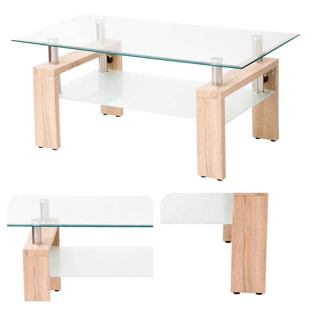 ガラステーブル コーヒーテーブル 幅88cm 強化ガラス天板 収納付き 二段収納 おしゃれ リビング用テーブル 棚付き 一人暮らしに最適 大容量収納 センターテーブル 木製脚