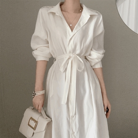 [高級感/3col] Vネック パフ バルーン 袖 ルーズフィット リボン ベルト ロング シャツ ワンピース/ゲストルック