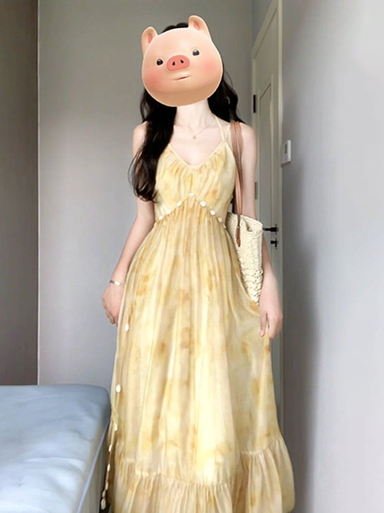 ファッション イエローの花柄キャミソールワンピース夏の海辺リゾートロングスカート 着痩せ 百掛け 新作 キャミワンピース