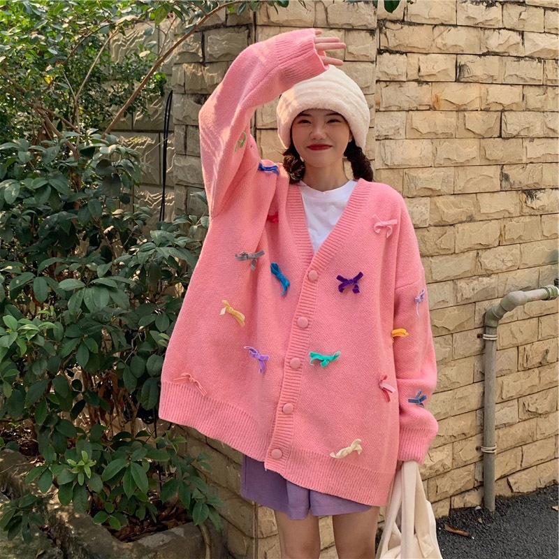 【大きいサイズあり】リボン付き Vネックニットカーディガン ニットカーディガン ニット セーター カーディガン ジャケット アウター オルチャン オーバーサイズ 韓国 レディース 可愛い ３カラー