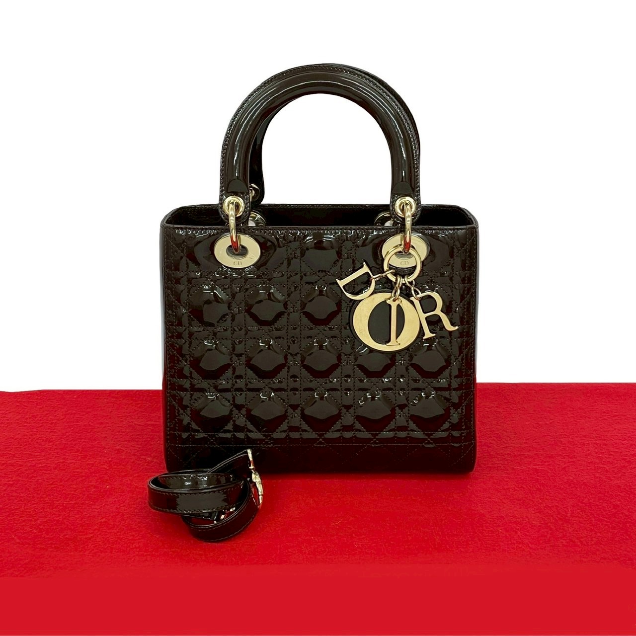 レディディオール カナージュショルダーバッグ パテントレザー ブラウン 58888