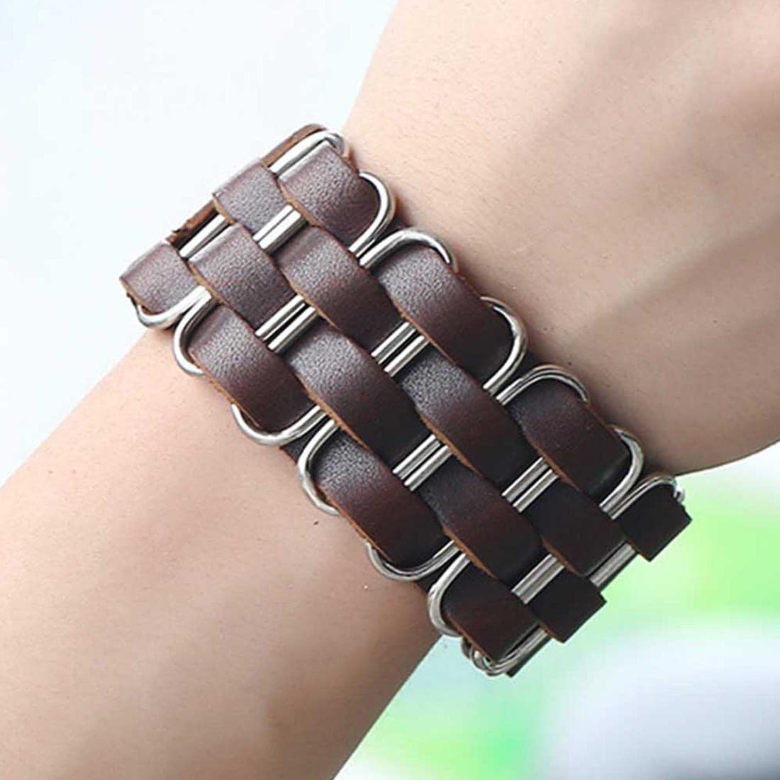 ブラウンコルセットワイドハンドカフレザーブレスレット 1個販売 メンズ レディース 腕輪 バングル 茶色 幅あり 男性 女性 太い バックル パンク ロック コスプレ stb00-00-0279