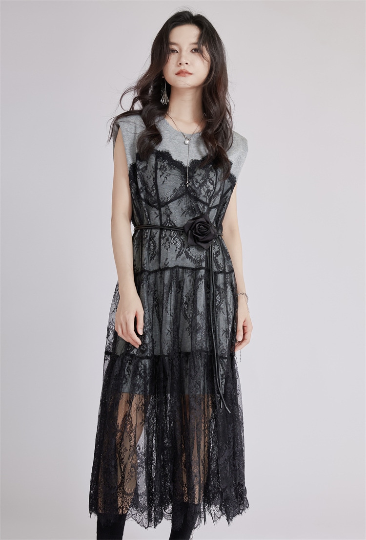 早い者勝ち レースネット ノースリーブワンピース ゆるめウエスト ロング丈 ベルト付 2025夏