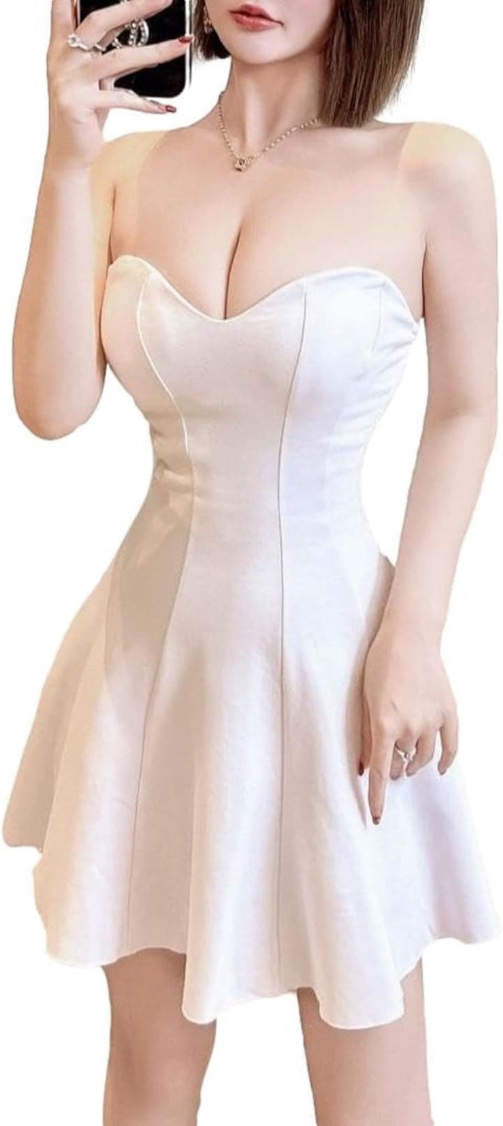 キャバドレス ミニワンピース クラブドレス フレア ベアトップ オフショルダー ノースリーブ ハイウエスト レディース E95( ホワイト, M)