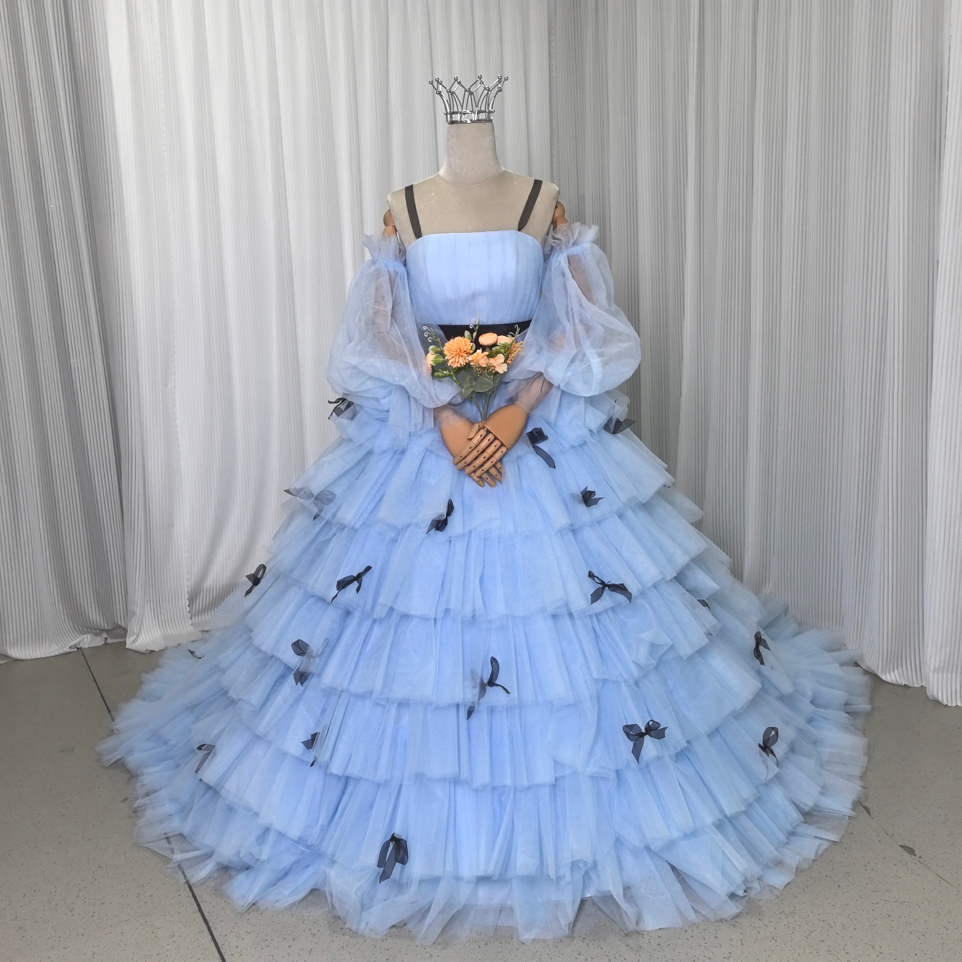 カラードレス ブルー ベアトップ シースルー袖 リボン 姫袖 プリンセスライン チュールドレス 花嫁