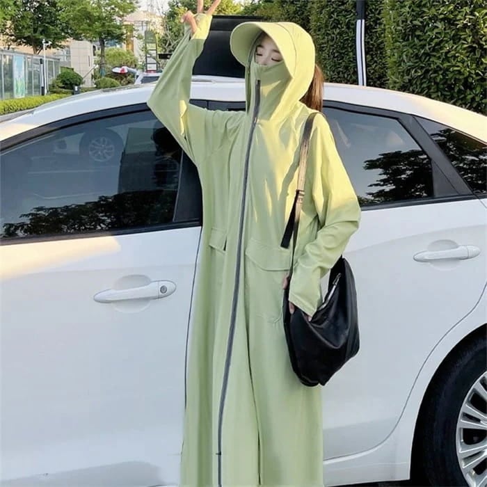 日焼け止めコート 女士晒服 UPF50+ uvカットパーカ帽子付き サンシェード 長型 無地 指孔付き uvカット 肌触り 清涼 軽い 通気 汗吸 湿速乾 自転車 釣り 水着 海水浴