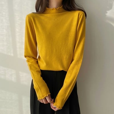 カラバリ フリル ロンT トップス l ショート ショート丈 袖あり 長袖 ハイネック かわいい 大人可愛い きれいめ シンプル カジュアル 大人 おしゃれ お洒落 大人女子 無地 春 秋 1