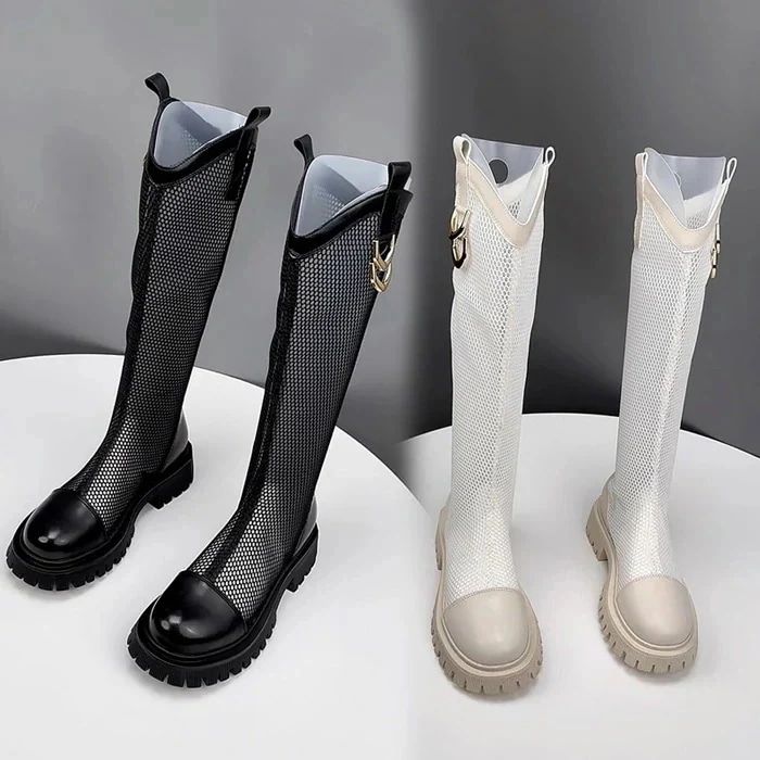【急速出荷!】ブーツ レディース メッシュ ロング タンクソール フラットソール 春夏 春ブーツ ブラック ホワイト アイボリー バックジッパー 4cmソール