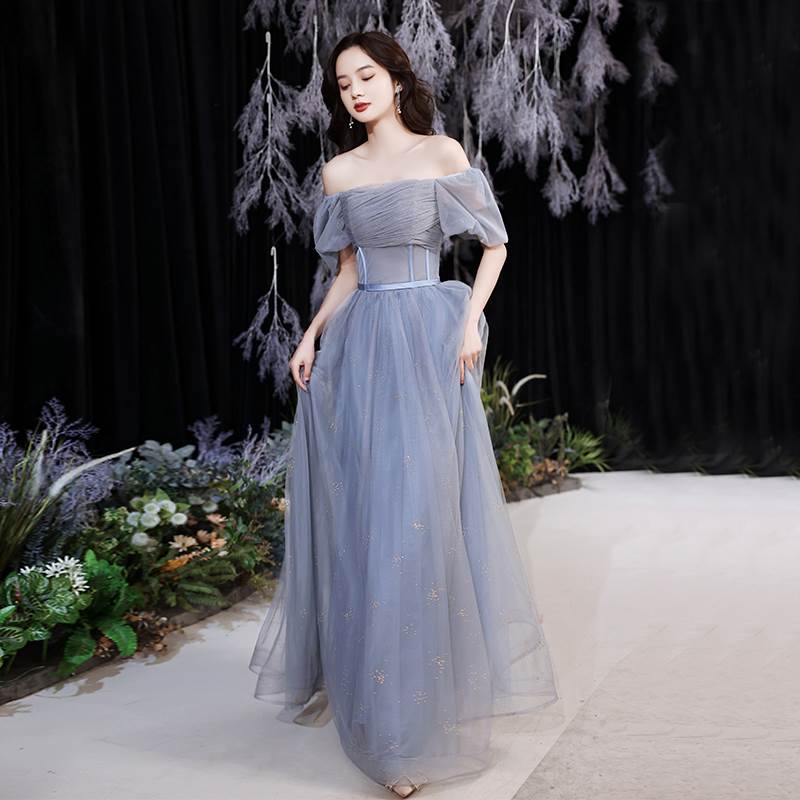 在庫限りロング ドレス パーティードレス 青 袖あり かわいい プリンセス 個性的 結婚式 二次会 お呼ばれ フォーマル 演奏会 ピアノ 発表会 ドレス 大人 かっこいい 透け感 オフショル 半袖 エ 7,734円