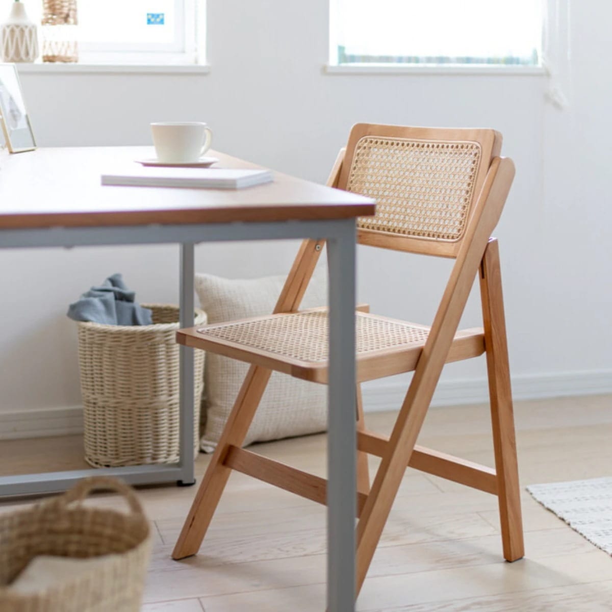 Mash チェア ラタン 座面高41.5cm 天然木 折りたたみ 椅子 フォールディングチェア ダイニング 籐 籐編み 人工ラタン チェアー イス いす 食卓椅子 リビングチェア 背もたれ