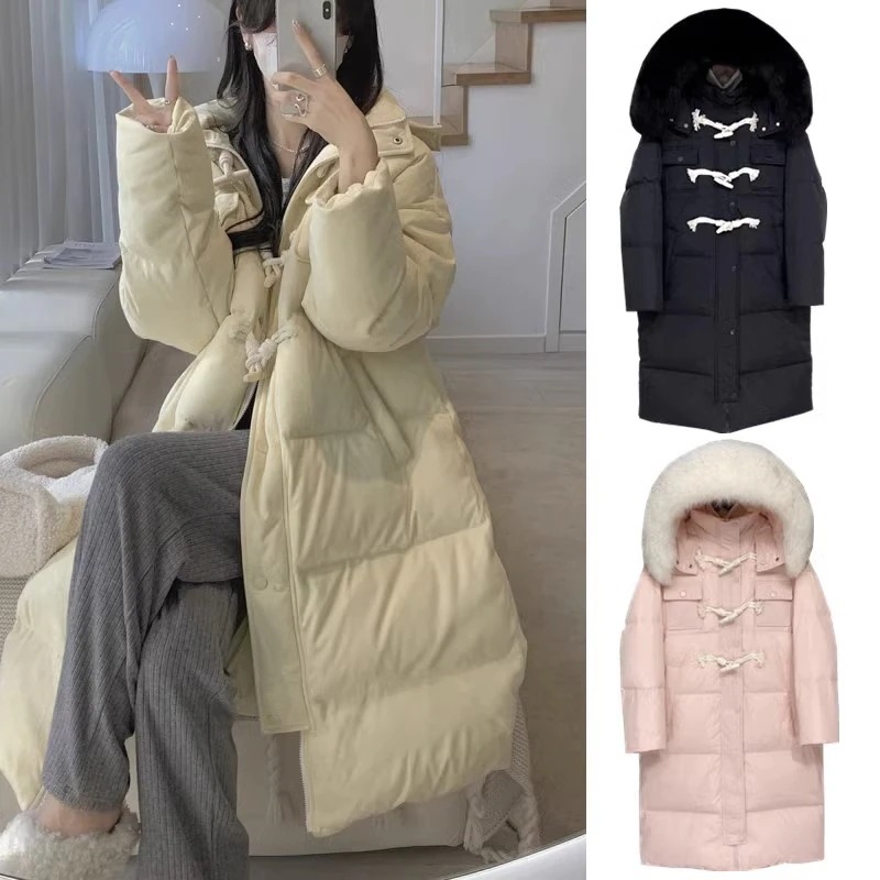 23 ホーンボタンダウンジャケット レディース ミドル丈 膝上 ファー襟 韓国風 厚みのあるゆったりホワイトダックダウン