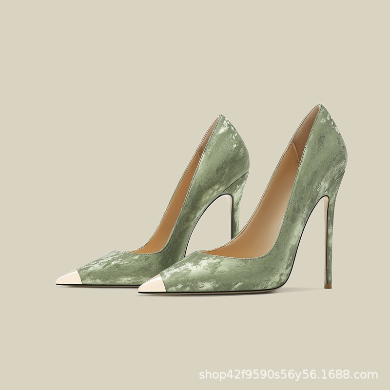 32-45 サイズスタイルハイヒール 2024 ファッショナブルなスティレットヒールポインテッドトゥグリーンチャイナドレス付きレディースシングルシューズ