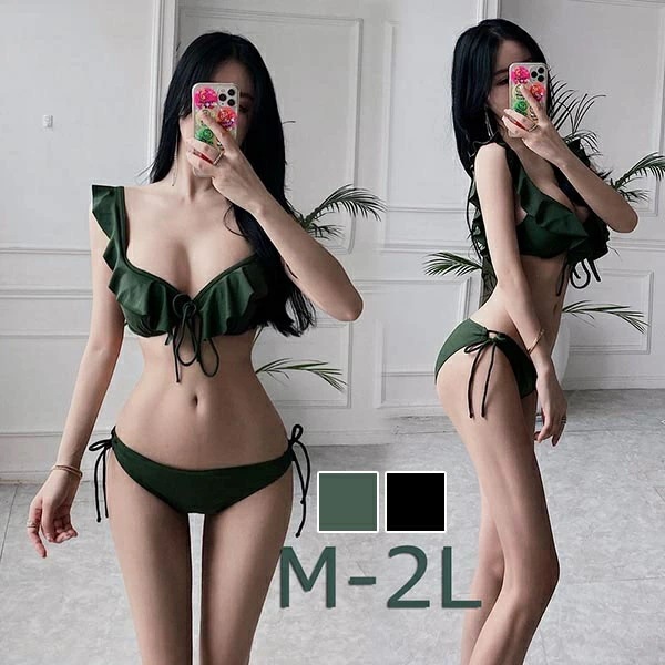 水着 ビキニ バックシャン 小柄 パッド付 レディース カーキ ブラック 温泉 かわいい セクシー 韓国風 大人 女性用 フリル リボン 紐ビキニ シンプル かっこいい 大人スタイル リボン パッド付