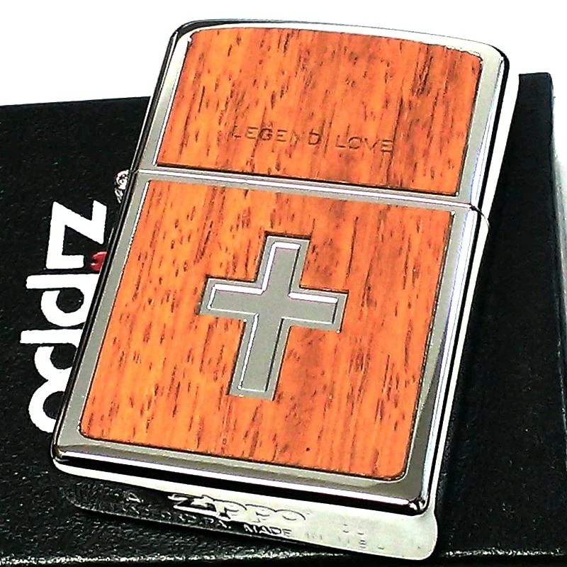 ZIPPO ライター 2008年製 天然木貼り クロス 彫刻 ジッポ シルバー かっこいい 十字架 銀 ブラウン おしゃれ メンズ ギフト プレゼント 希少モデル