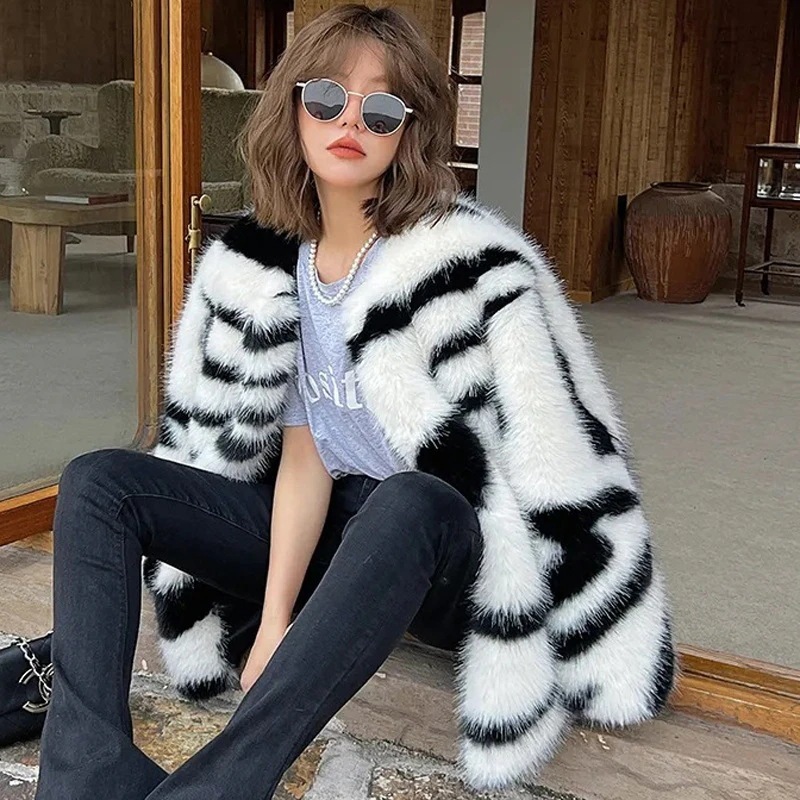 人気商品 冬新作ゼブラミンクパターンイミテーションキツネの毛皮のコートショートファー肥厚イミテーションファー人工毛皮女性用