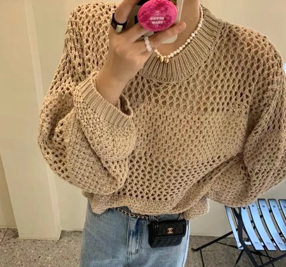 レディース ニット プルオーバー 長袖 ボリューム袖 Uネック 針編み メッシュ かわいい 大人可愛い きれいめ シンプル カジュアル おしゃれ かっこいい アジアン こなれ感 ラフ ガーリー クール