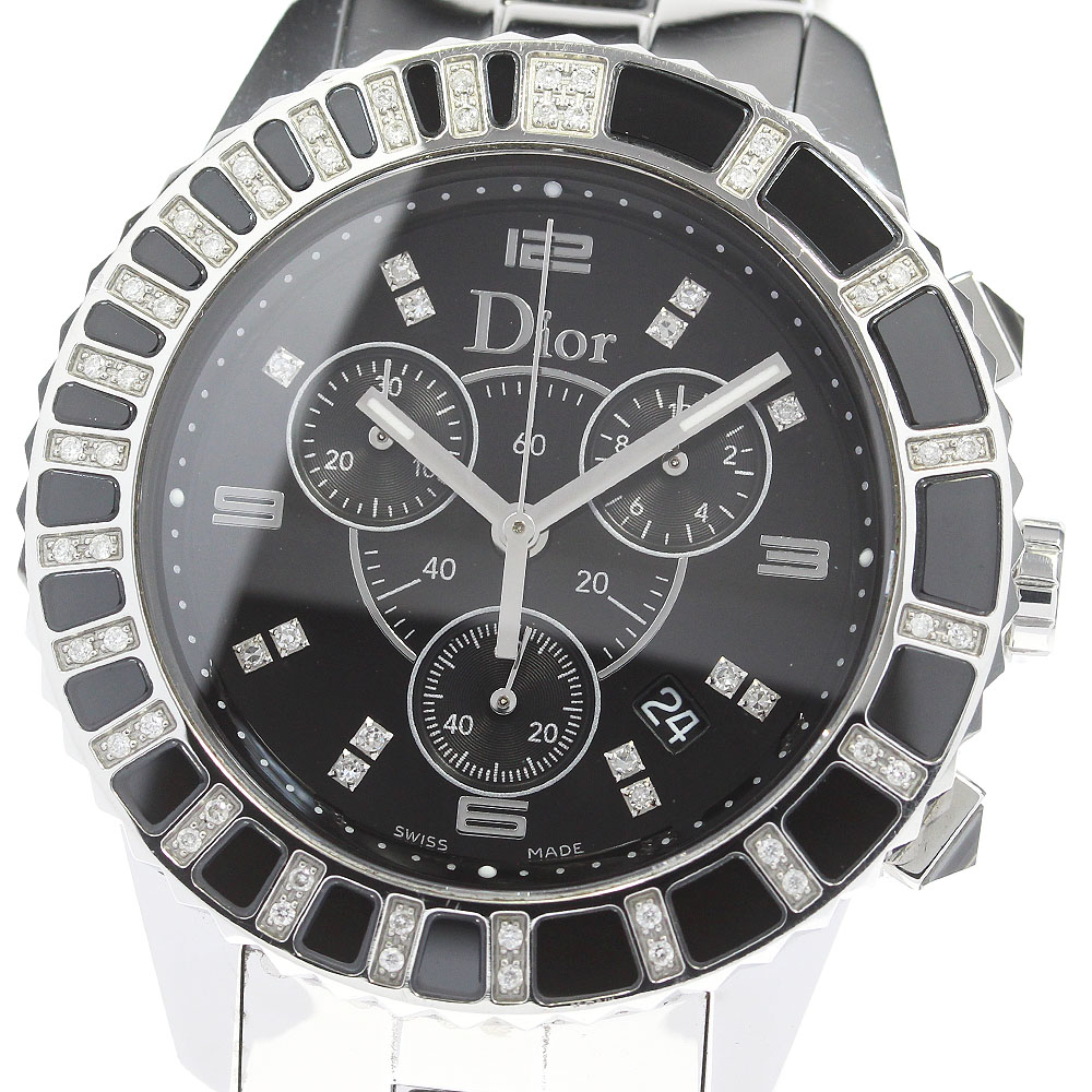 ディオール Dior CD11431E クリスタル 14P ダイヤベゼル クロノグラフ クォーツ レディース 良品 _824174【中古】
