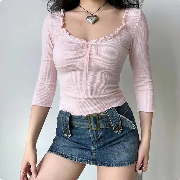 レディース トップス Tシャツ ショート 5分袖 キャミソール Uネック タイト スリム 細身 ストレート フリル リボン ワッフル かわいい 大人可愛い きれいめ シンプル カジュアル 上品 おしゃ