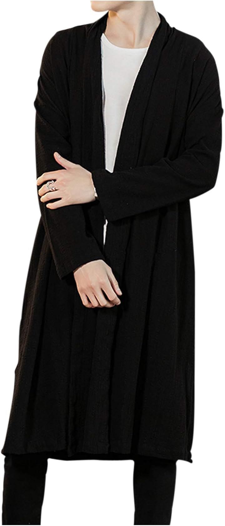 ロングカーディガン コーディガン ジャケット ガウン 襟なし 無地 長袖 薄手 軽量 羽織 和風 メンズ(ブラック, M)